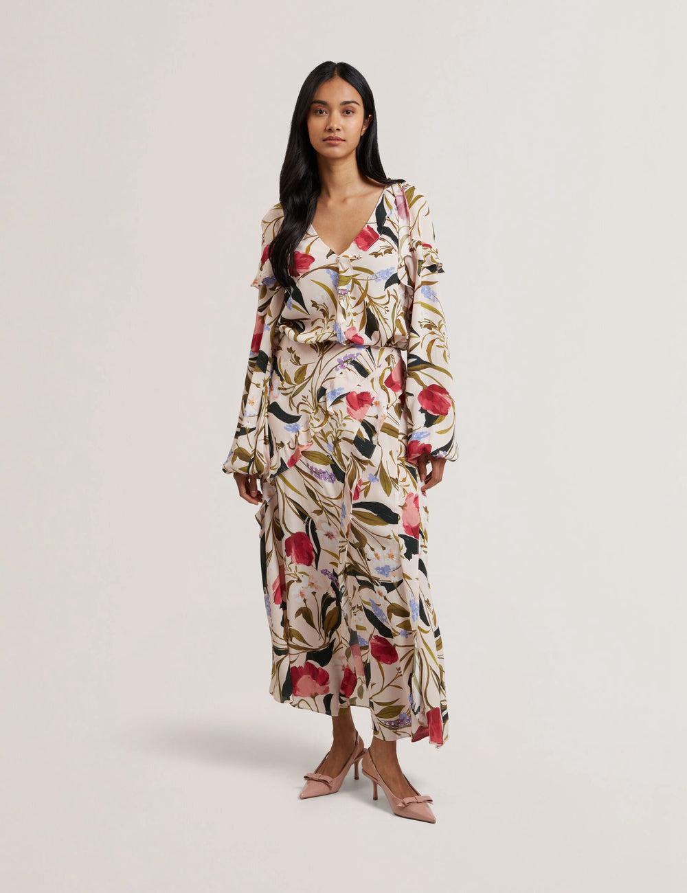 Ted Baker CANDICI - Floral Print Frill Trim With Split Röcke Damen Rosa | ENROL-6387