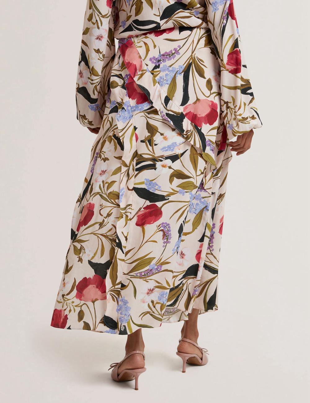 Ted Baker CANDICI - Floral Print Frill Trim With Split Röcke Damen Rosa | ENROL-6387