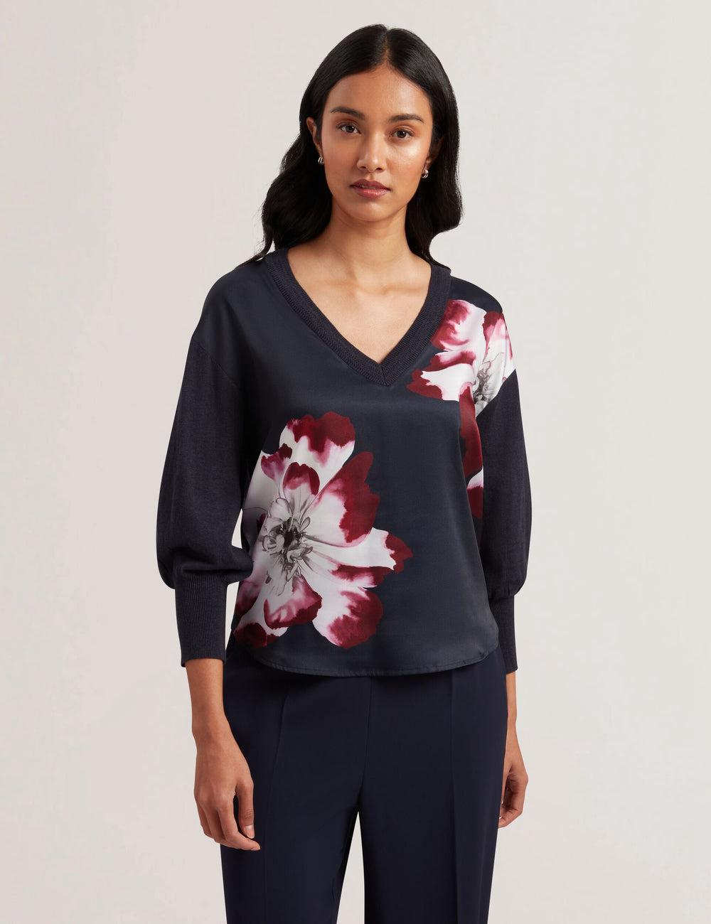 Ted Baker CASEYJ - Printed Woven Front V-Neck Pullover Damen Navy | CFRGV-9176