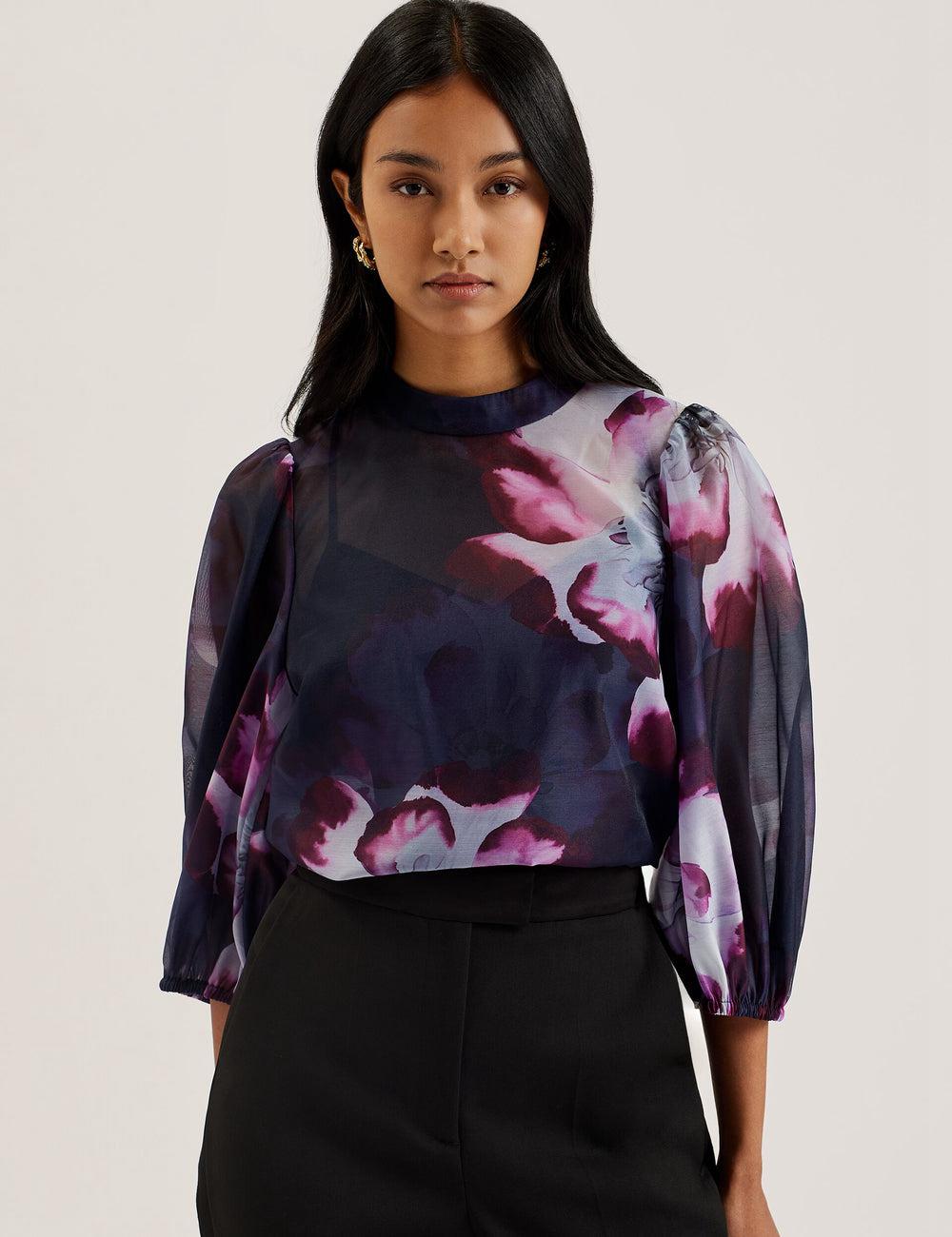 Ted Baker CATALO - Floral Print Balloon Sleeve Organza Top Bluse Damen Navy | NIPEC-8630