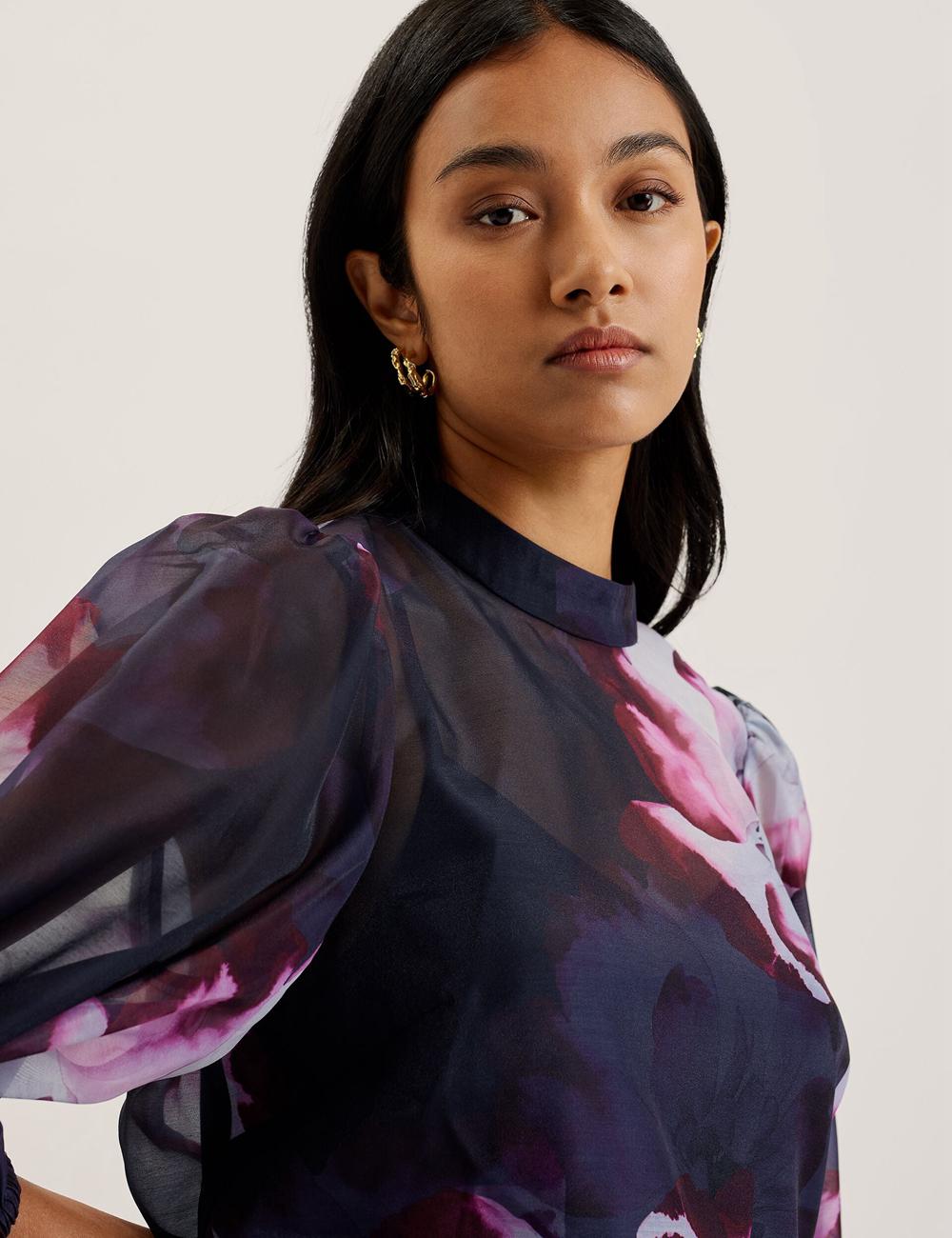 Ted Baker CATALO - Floral Print Balloon Sleeve Organza Top Bluse Damen Navy | NIPEC-8630