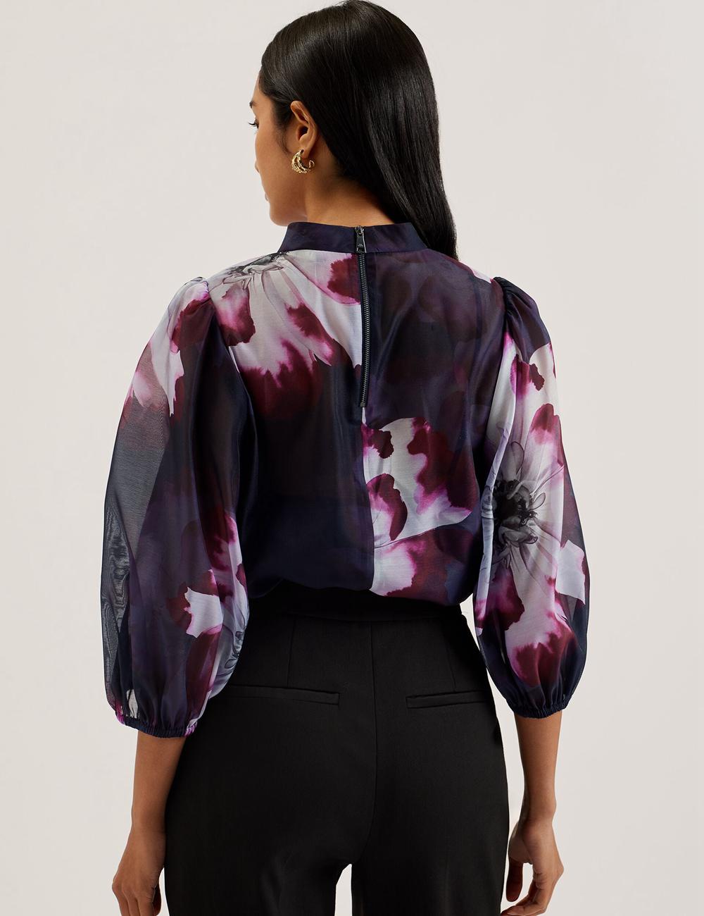 Ted Baker CATALO - Floral Print Balloon Sleeve Organza Top Bluse Damen Navy | NIPEC-8630