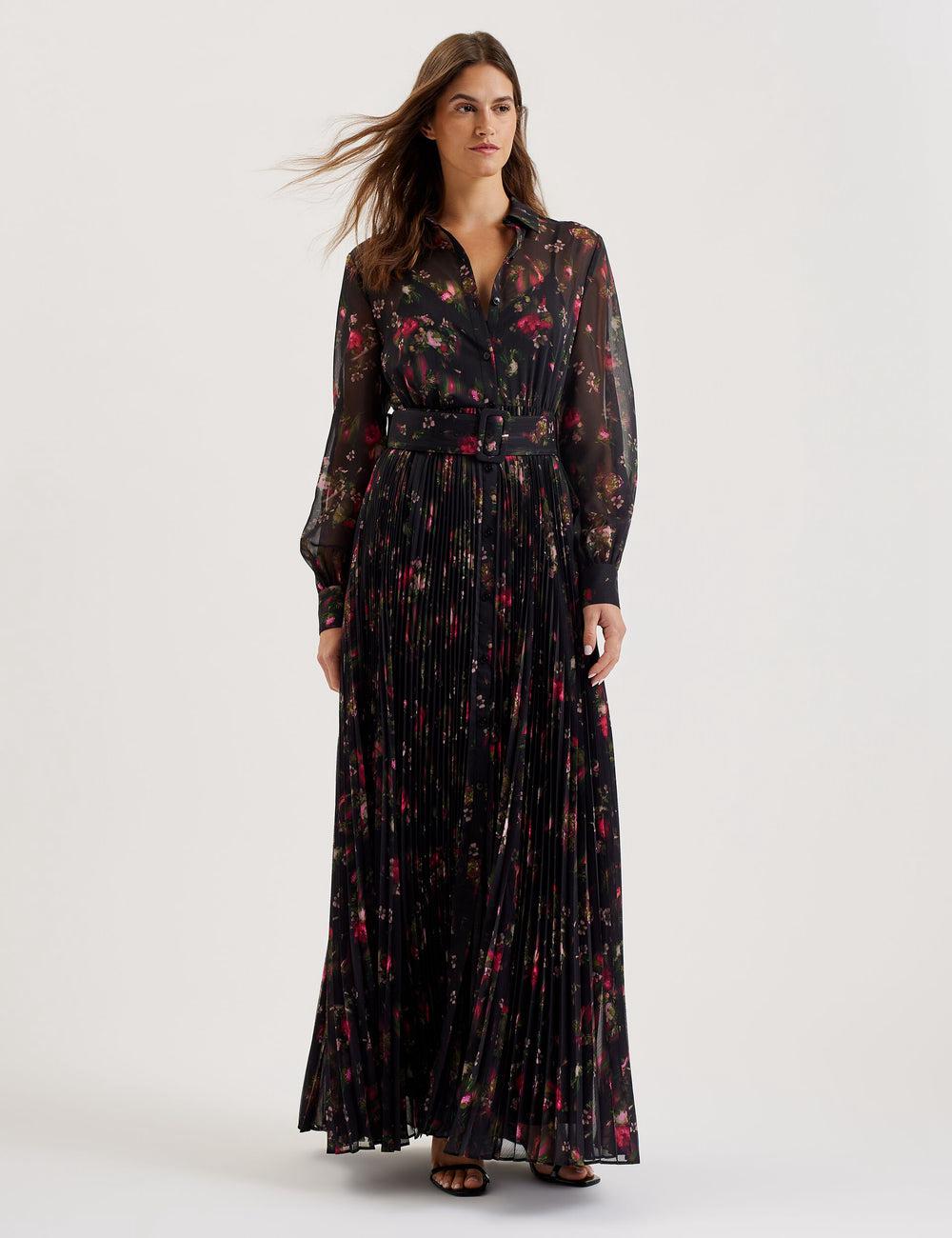Ted Baker CEIBA - Floral Print Pleated Maxi Shirt Maxikleid Damen Schwarz | VARXL-9243