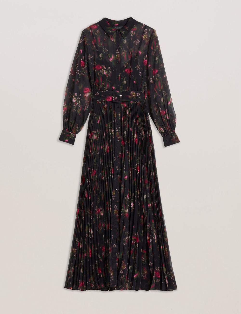 Ted Baker CEIBA - Floral Print Pleated Maxi Shirt Maxikleid Damen Schwarz | VARXL-9243