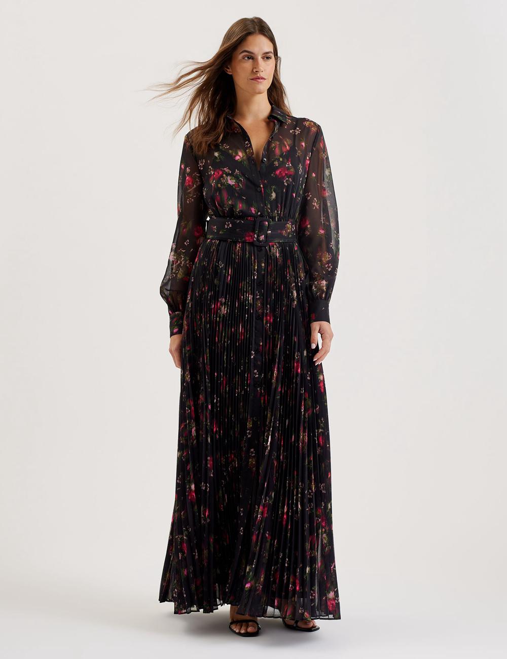 Ted Baker CEIBA - Floral Print Pleated Maxi Shirt Maxikleid Damen Schwarz | VARXL-9243