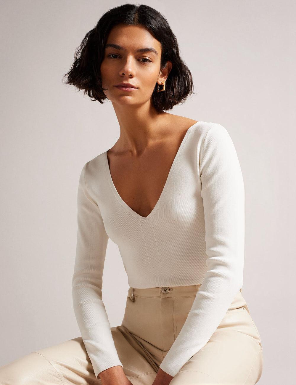 Ted Baker CILESTE - Fitted V-Neck Long Sleeve Knit Top Pullover Damen Ivory | TCDLN-2930