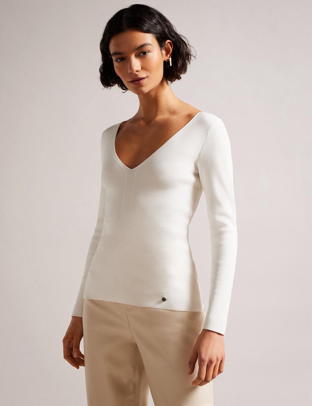 Ted Baker CILESTE - Fitted V-Neck Long Sleeve Knit Top Pullover Damen Ivory | TCDLN-2930