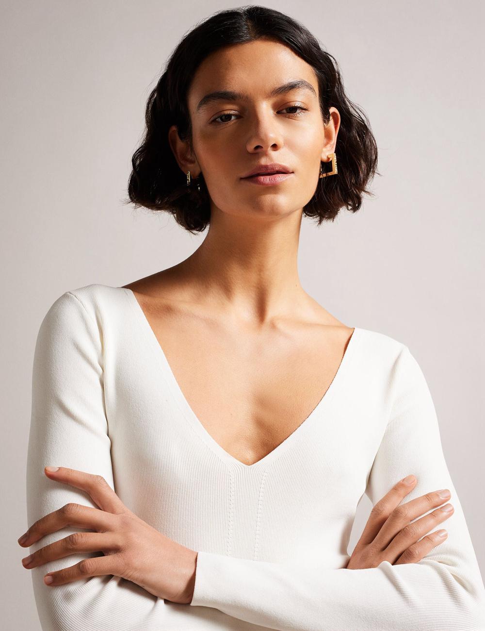 Ted Baker CILESTE - Fitted V-Neck Long Sleeve Knit Top Pullover Damen Ivory | TCDLN-2930