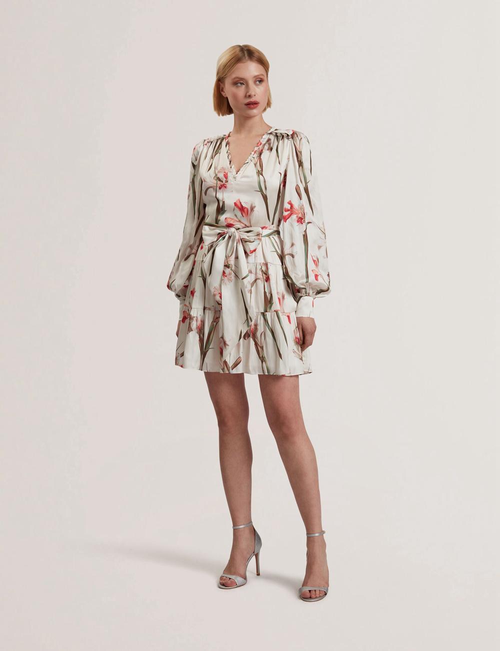 Ted Baker CUIABA - Floral V-Neck Waist Minikleid Damen Ivory | TVIXF-9042