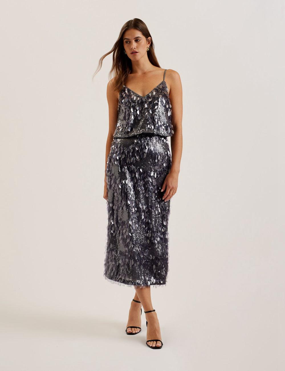 Ted Baker DORIDA - Mixed Sequin With Slit Röcke Damen Grau | XEBYK-6532