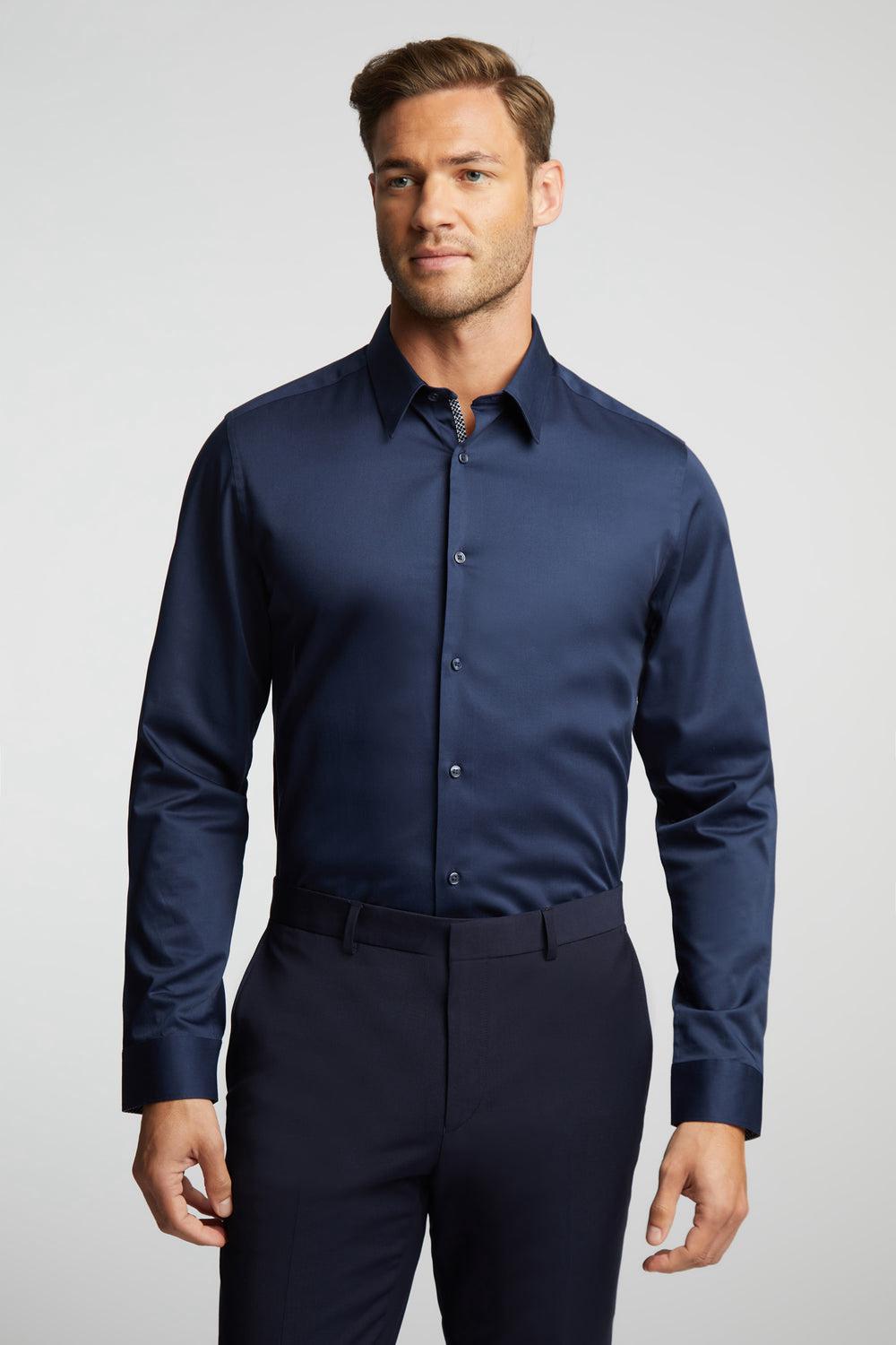 Ted Baker DUDDON - Navy Slim Fit Long Sleeve Cotton Hemd Herren Navy | TNZHU-6217