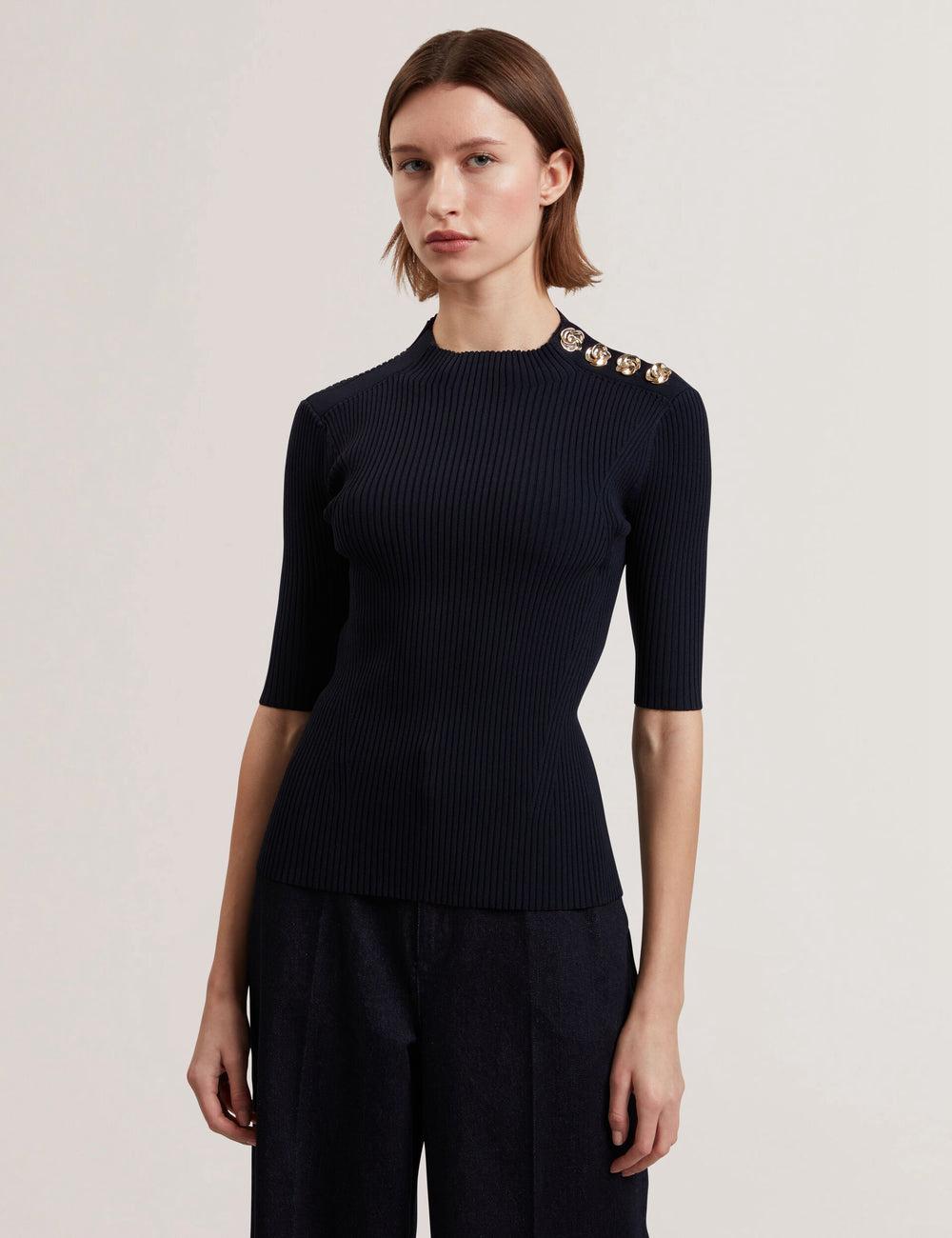 Ted Baker EELIIA - Ribbed Knit Short Sleeve With Rose Buttons Oberteile Damen Navy | PRZFG-0486