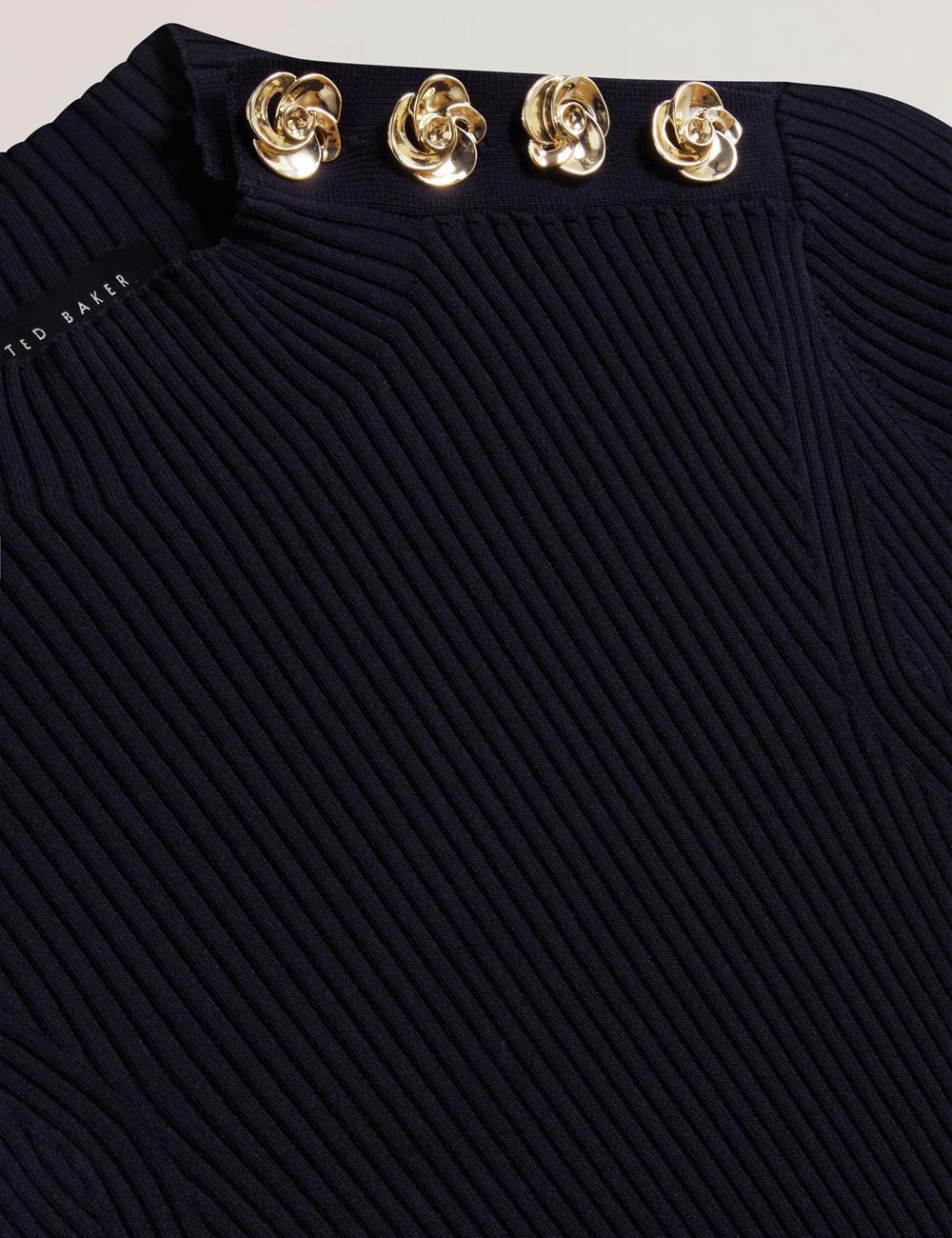 Ted Baker EELIIA - Ribbed Knit Short Sleeve With Rose Buttons Oberteile Damen Navy | PRZFG-0486