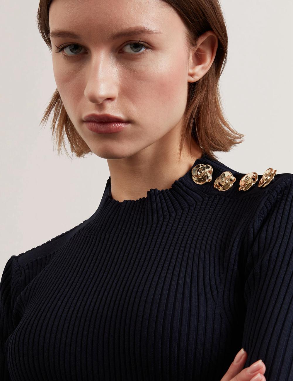 Ted Baker EELIIA - Ribbed Knit Short Sleeve With Rose Buttons Oberteile Damen Navy | PRZFG-0486