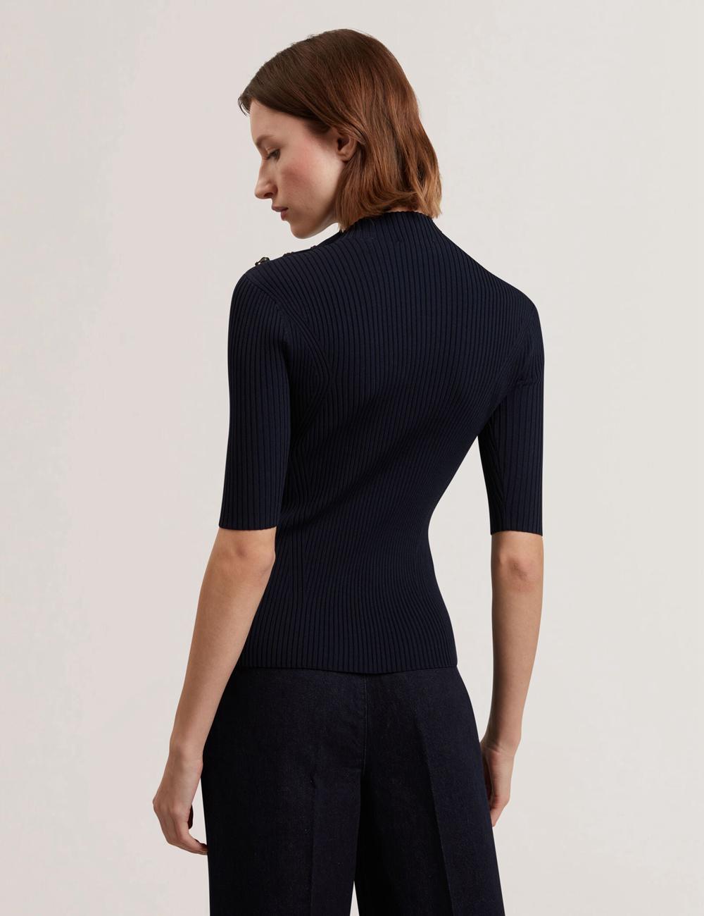 Ted Baker EELIIA - Ribbed Knit Short Sleeve With Rose Buttons Oberteile Damen Navy | PRZFG-0486