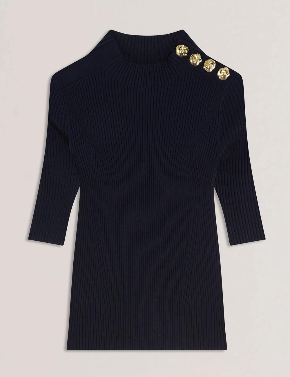 Ted Baker EELIIA - Ribbed Knit Short Sleeve With Rose Buttons Oberteile Damen Navy | PRZFG-0486