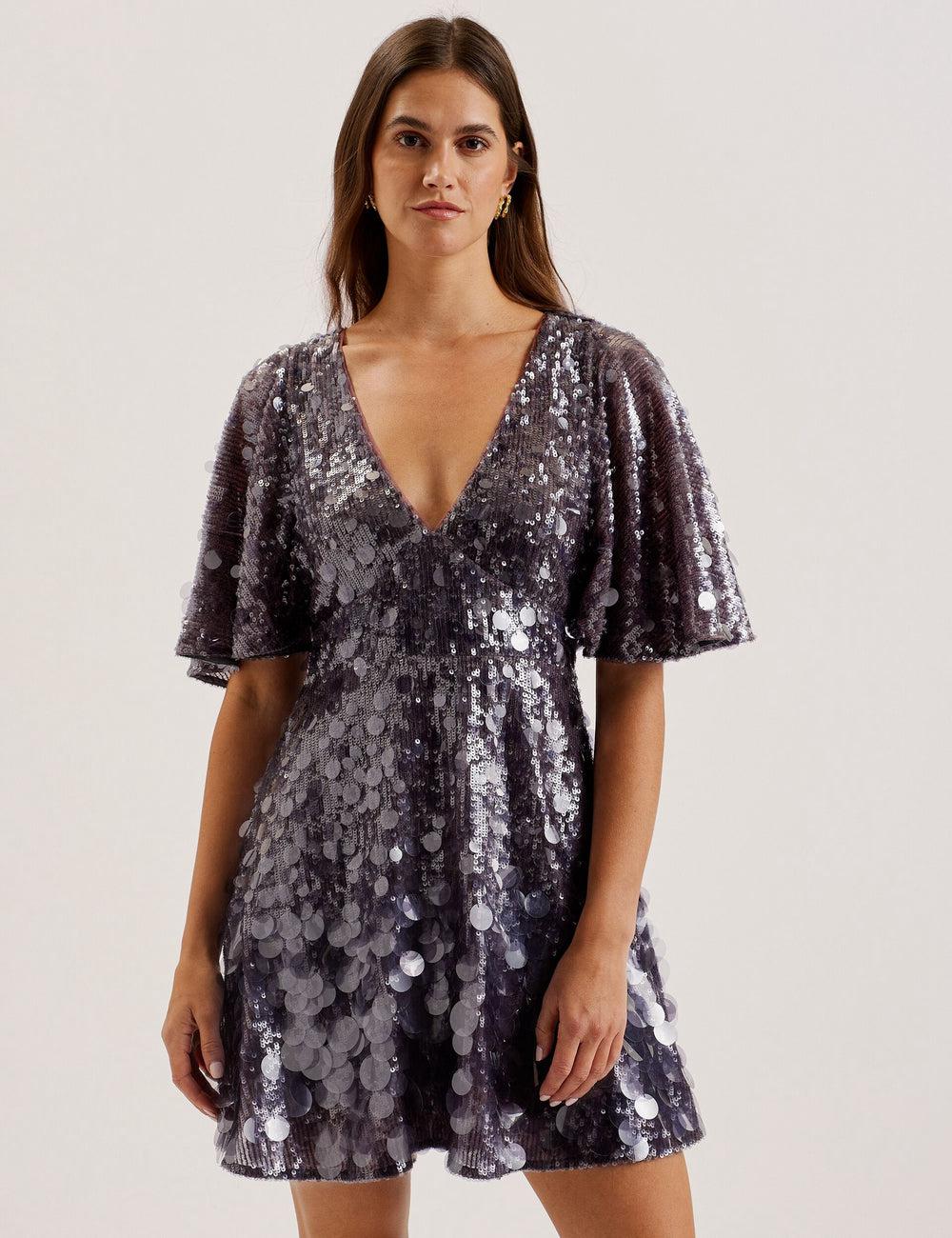 Ted Baker ELISONA - Sequin V-Neck Cape Sleeve Minikleid Damen Grau | SNXDL-3026