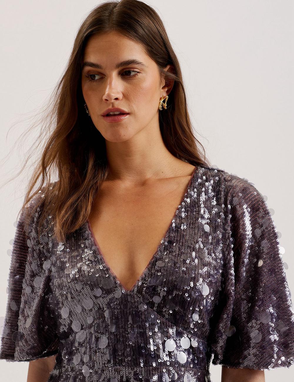 Ted Baker ELISONA - Sequin V-Neck Cape Sleeve Minikleid Damen Grau | SNXDL-3026