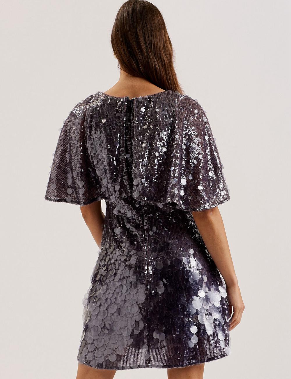 Ted Baker ELISONA - Sequin V-Neck Cape Sleeve Minikleid Damen Grau | SNXDL-3026
