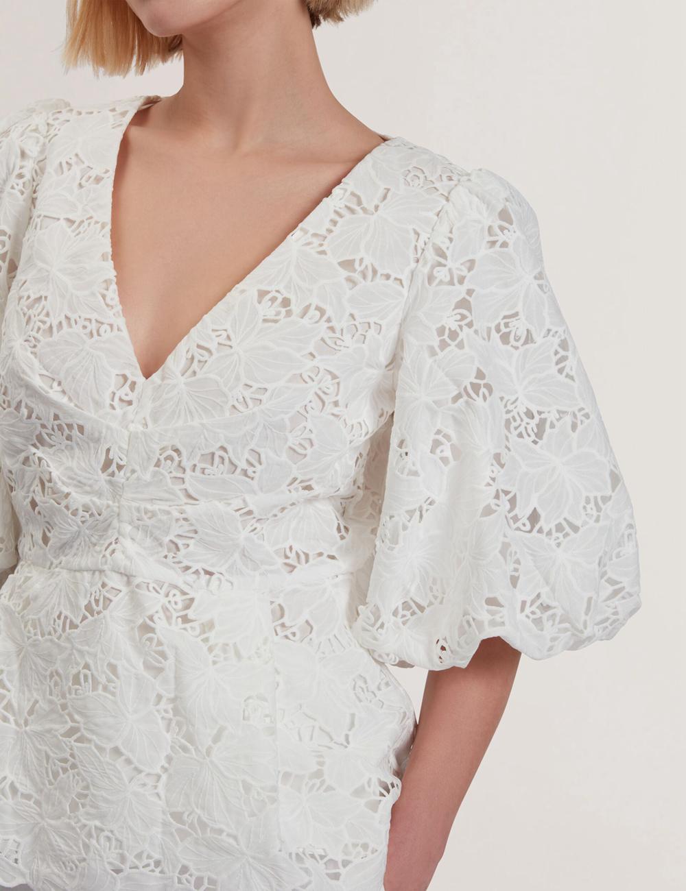 Ted Baker ELLARI - Lace Puff Sleeve V-Neck Peplum Oberteile Damen Weiß | WZMJQ-1289