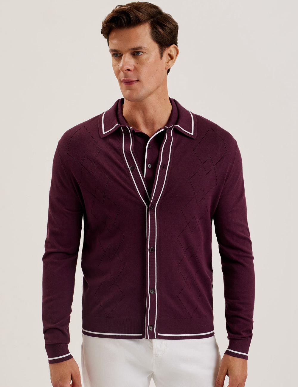 Ted Baker ELMDON - Pointelle Diamond Knitted Long Sleeve Hemd Herren Bordeaux | XDNJR-4715