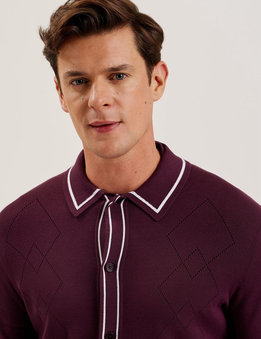 Ted Baker ELMDON - Pointelle Diamond Knitted Long Sleeve Hemd Herren Bordeaux | XDNJR-4715