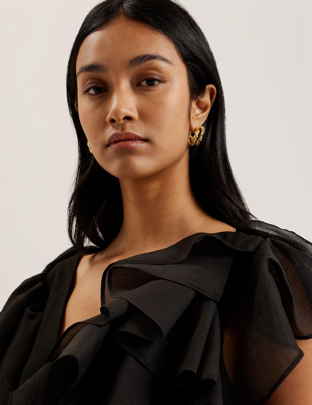 Ted Baker ELQUI - Oversized Ruffle Trim V-Neck Minikleid Damen Schwarz | BXPQO-2386
