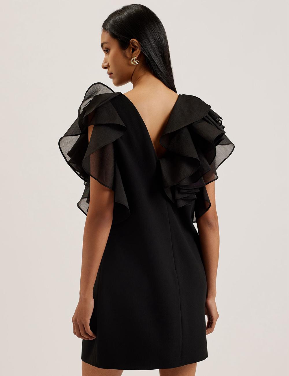 Ted Baker ELQUI - Oversized Ruffle Trim V-Neck Minikleid Damen Schwarz | BXPQO-2386