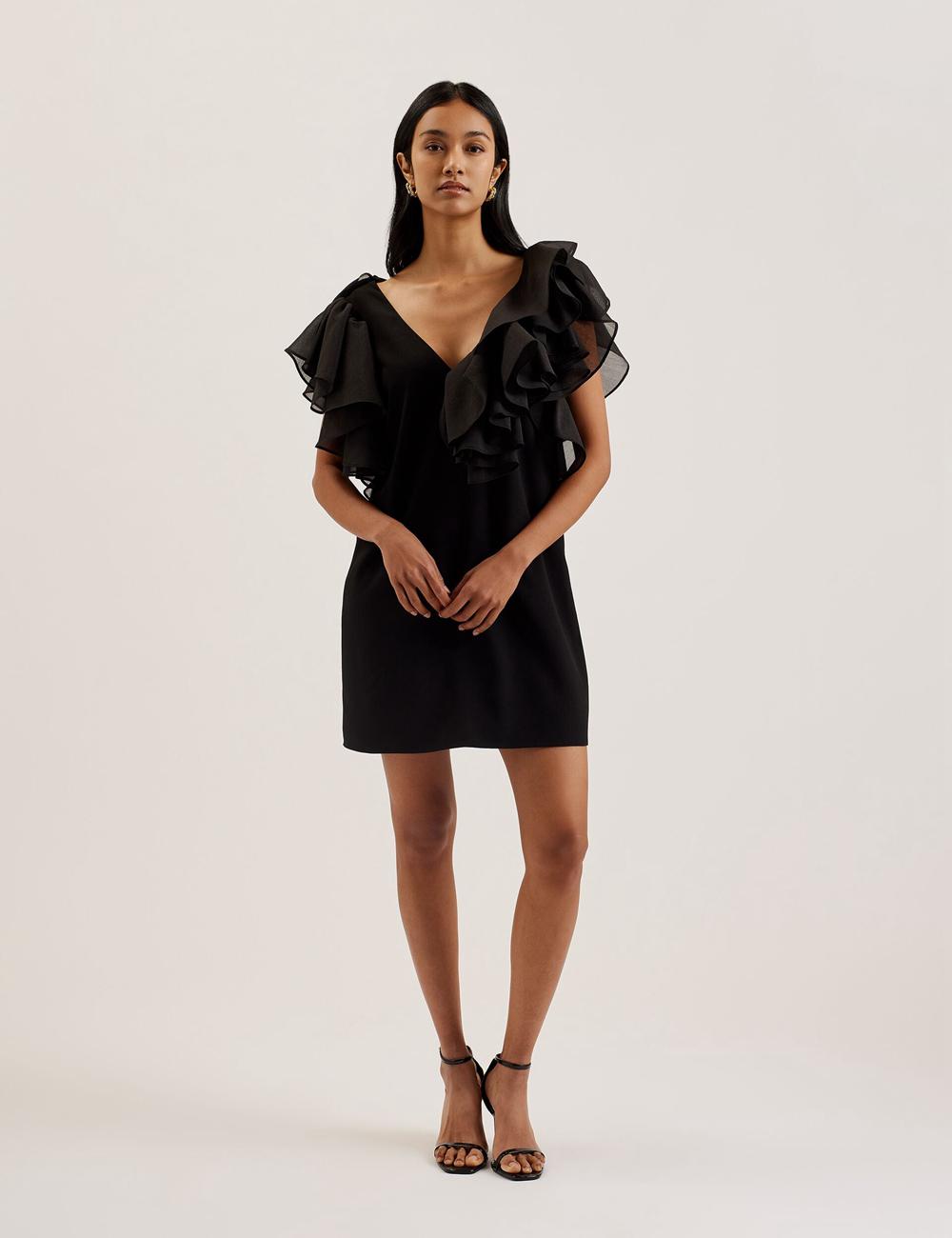 Ted Baker ELQUI - Oversized Ruffle Trim V-Neck Minikleid Damen Schwarz | BXPQO-2386