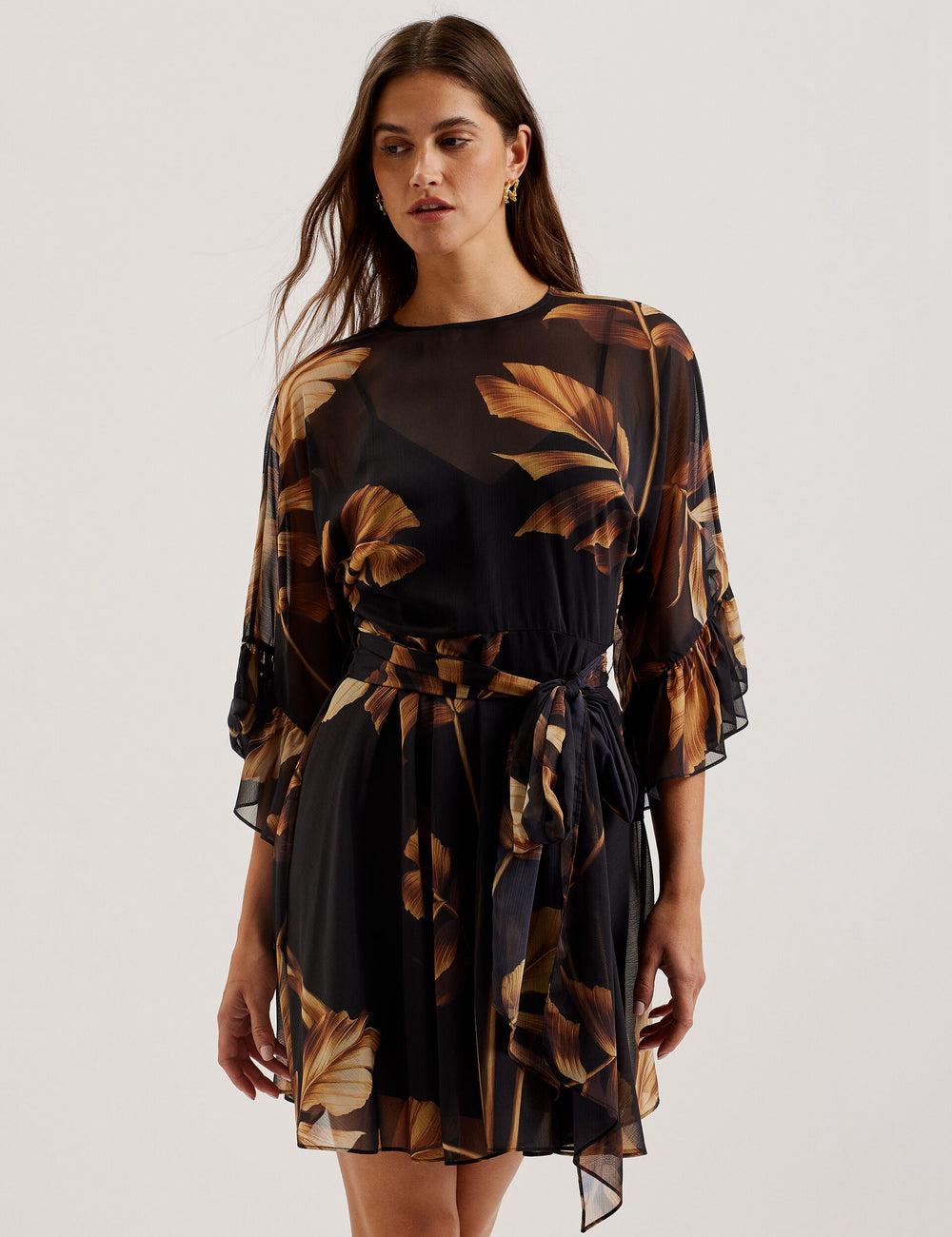 Ted Baker ELSTER - Printed Chiffon With Waist Minikleid Damen Schwarz | HKRTN-5382