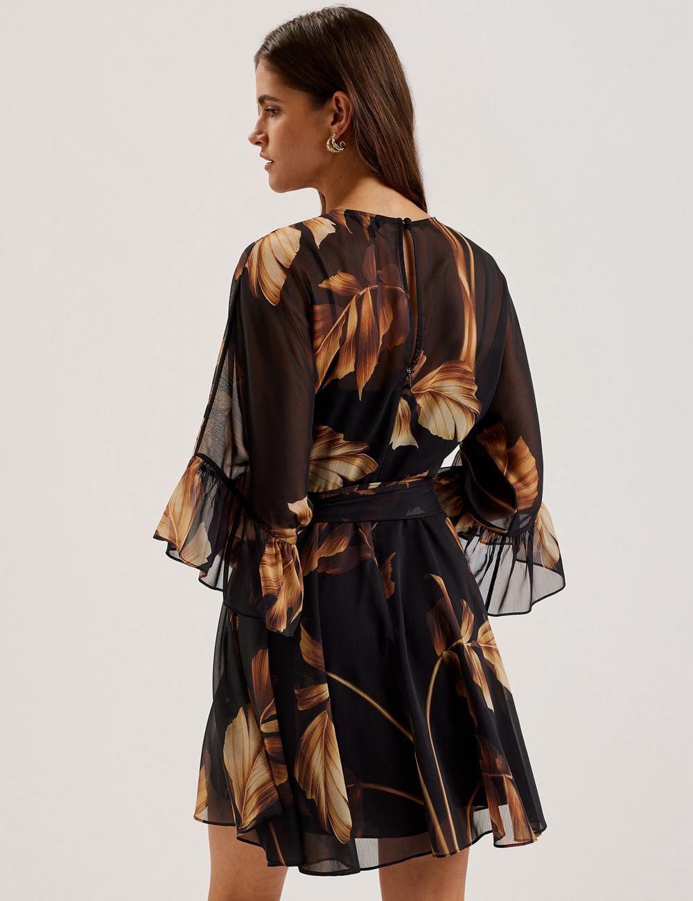 Ted Baker ELSTER - Printed Chiffon With Waist Minikleid Damen Schwarz | HKRTN-5382