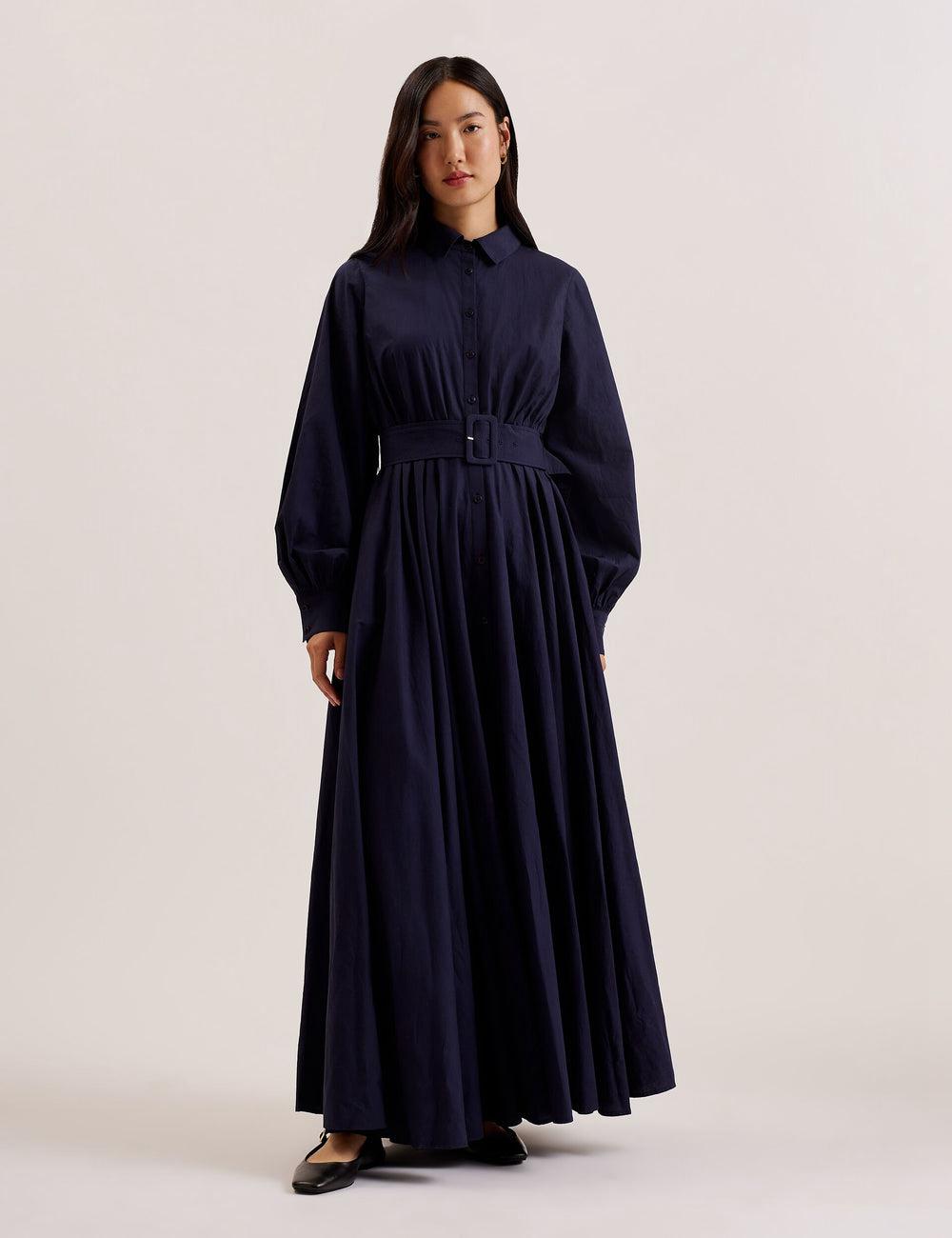 Ted Baker ENE - Cotton Maxi Shirt Dress With Belt Maxikleid Damen Navy | FZJYN-8173