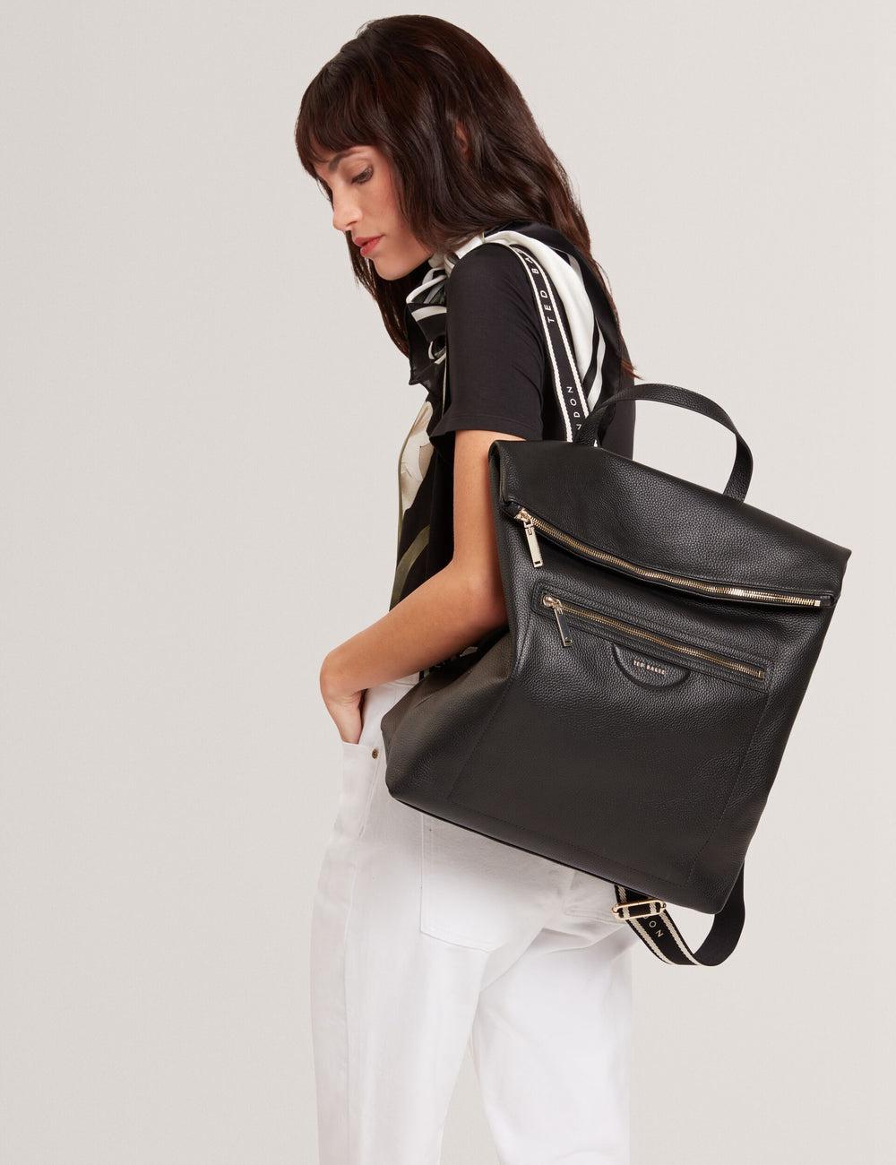 Ted Baker ESSAYA - Leather Webbing Strap Fold Over Rucksäcke Damen Schwarz | VOHGA-0346