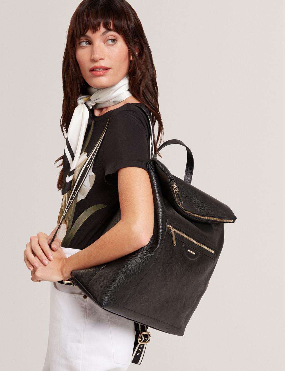 Ted Baker ESSAYA - Leather Webbing Strap Fold Over Rucksäcke Damen Schwarz | VOHGA-0346