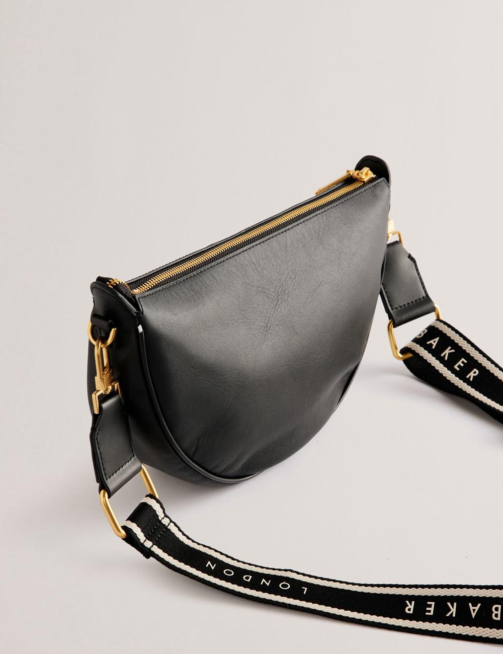 Ted Baker ESSINA - Webbing Half Moon Leather Umhängetasche Damen Schwarz | GLJAO-9541