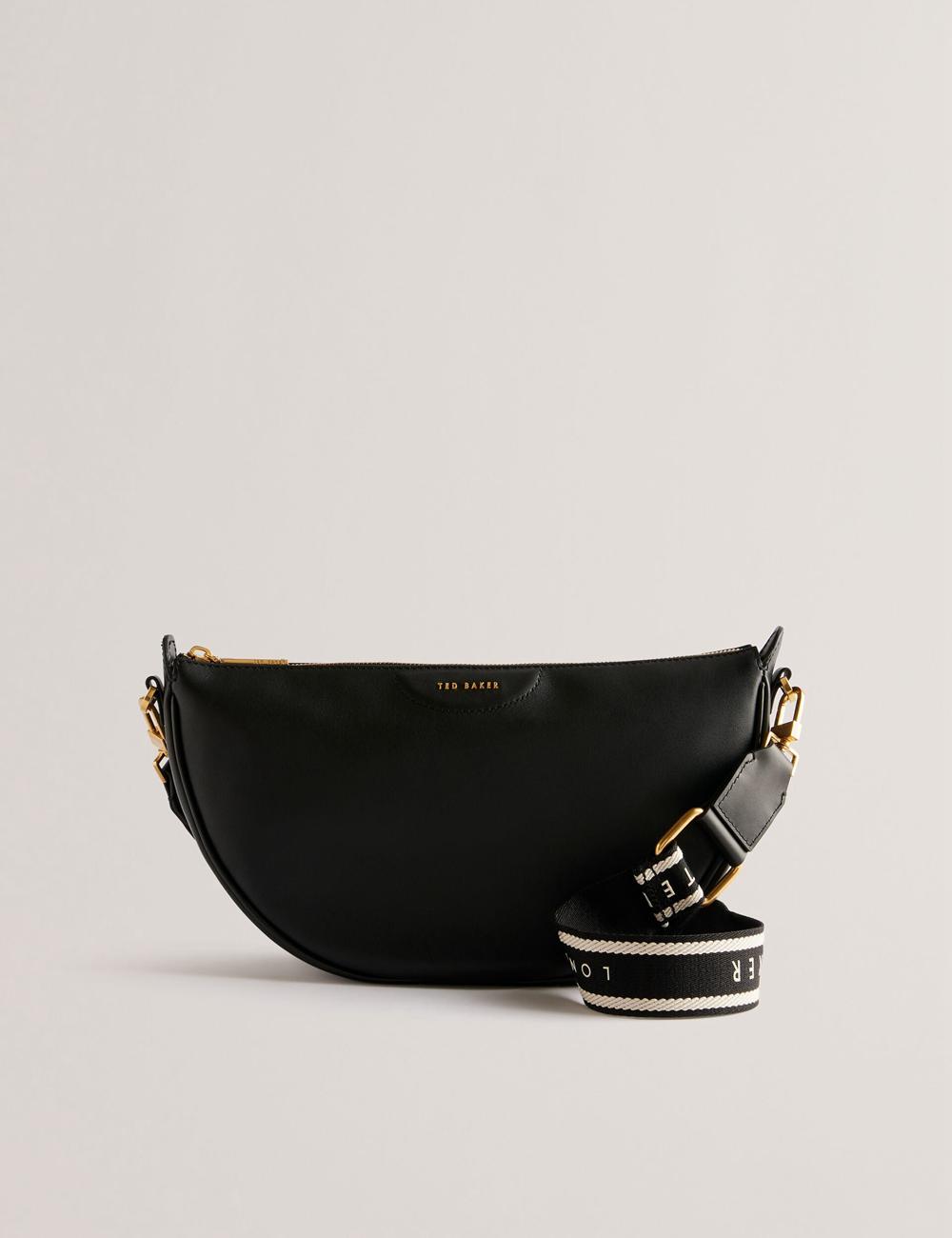 Ted Baker ESSINA - Webbing Half Moon Leather Umhängetasche Damen Schwarz | GLJAO-9541