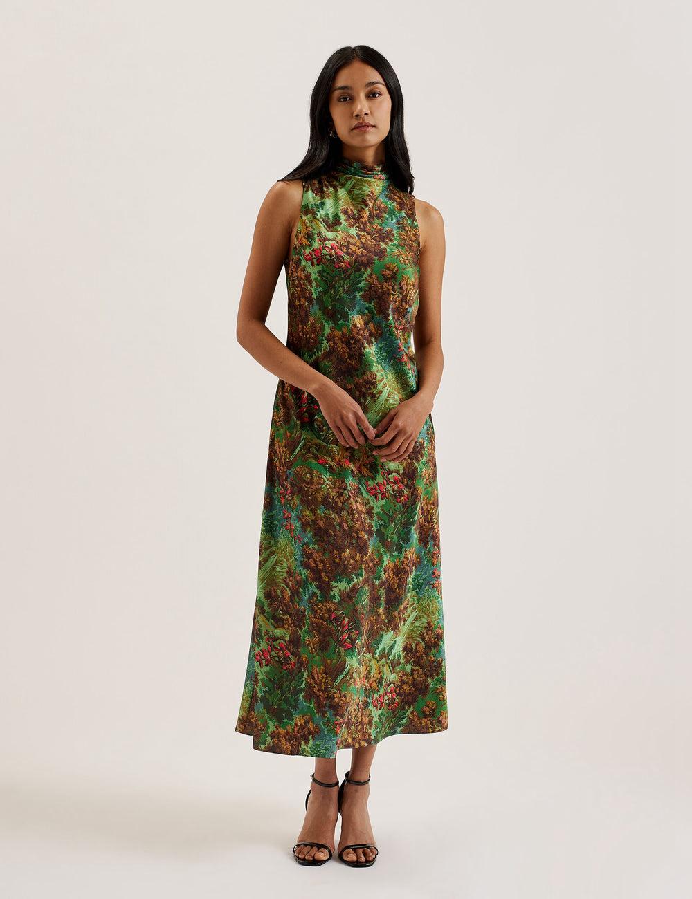 Ted Baker EYVA - Satin Printed High Neck Midi Slip Midi-kleid Damen Grün | VLSOI-6591