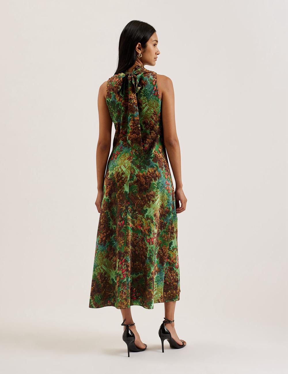 Ted Baker EYVA - Satin Printed High Neck Midi Slip Midi-kleid Damen Grün | VLSOI-6591