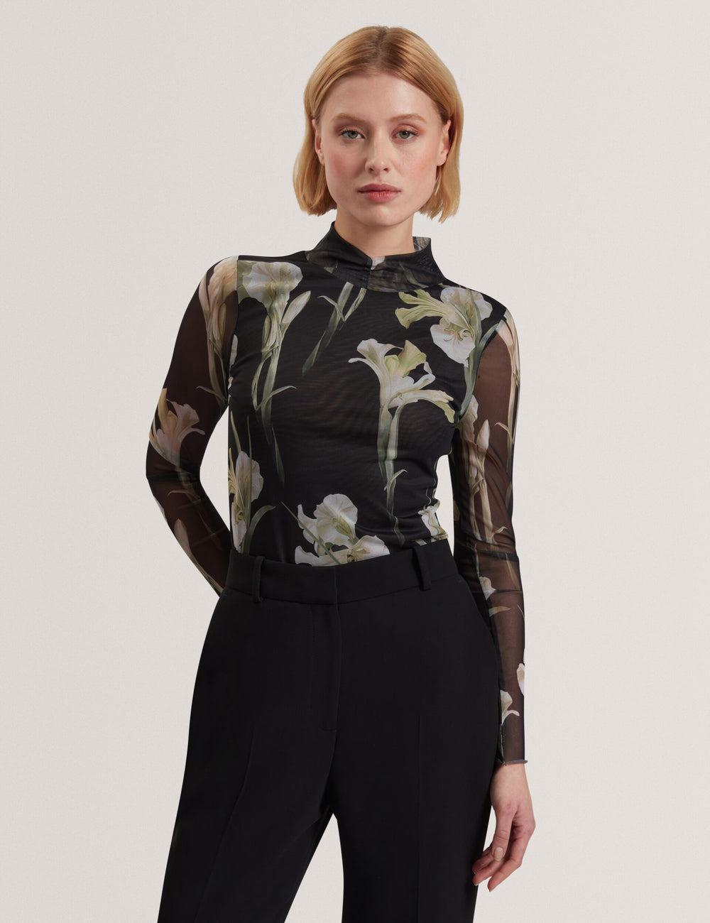 Ted Baker FIAAHH - Floral Print High Neck Sheer Mesh Oberteile Damen Schwarz | ZGADT-6158