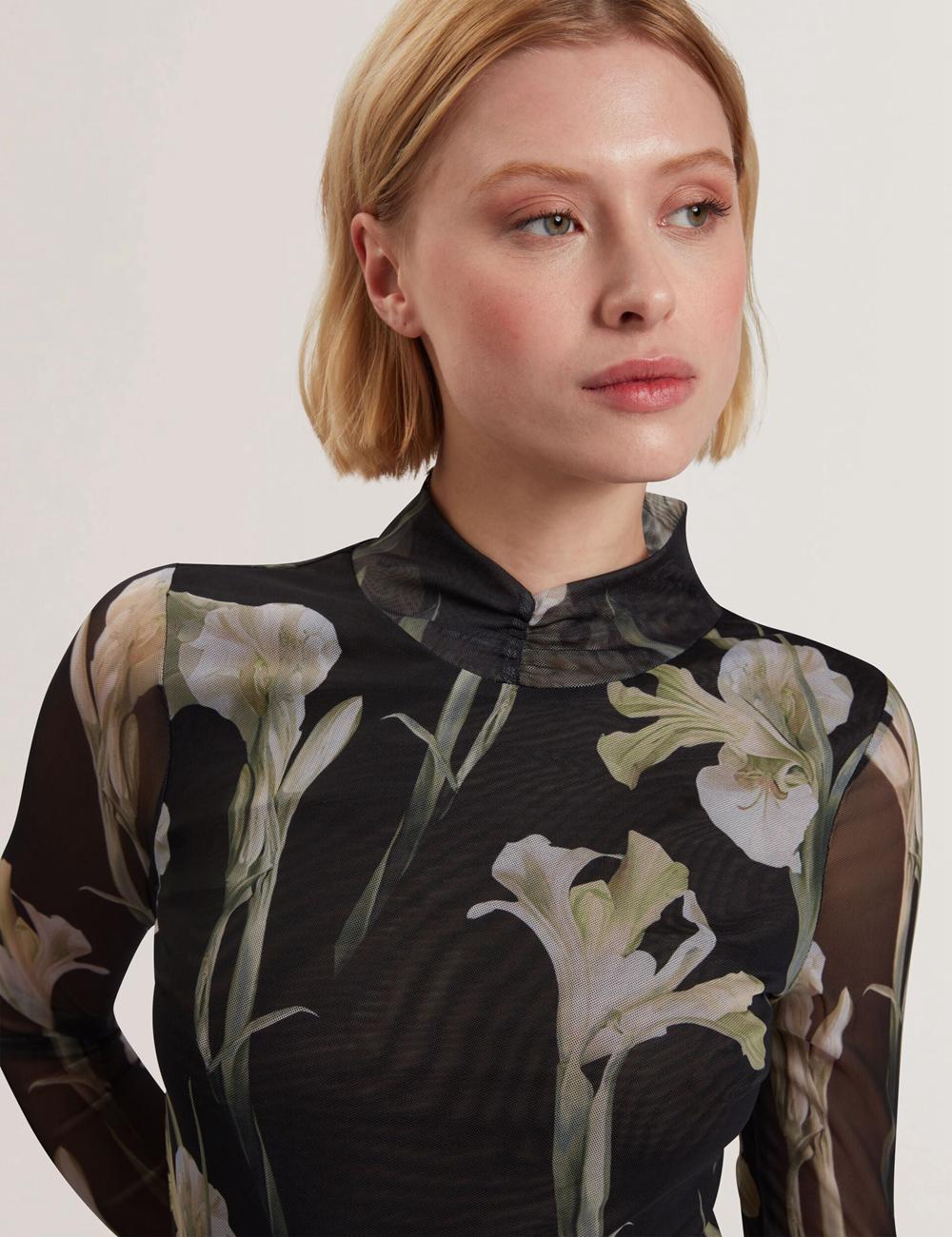 Ted Baker FIAAHH - Floral Print High Neck Sheer Mesh Oberteile Damen Schwarz | ZGADT-6158