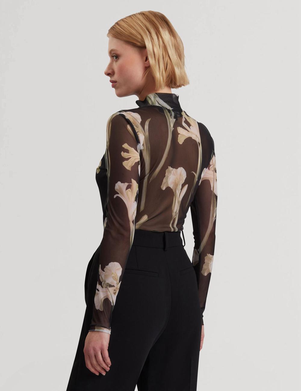 Ted Baker FIAAHH - Floral Print High Neck Sheer Mesh Oberteile Damen Schwarz | ZGADT-6158
