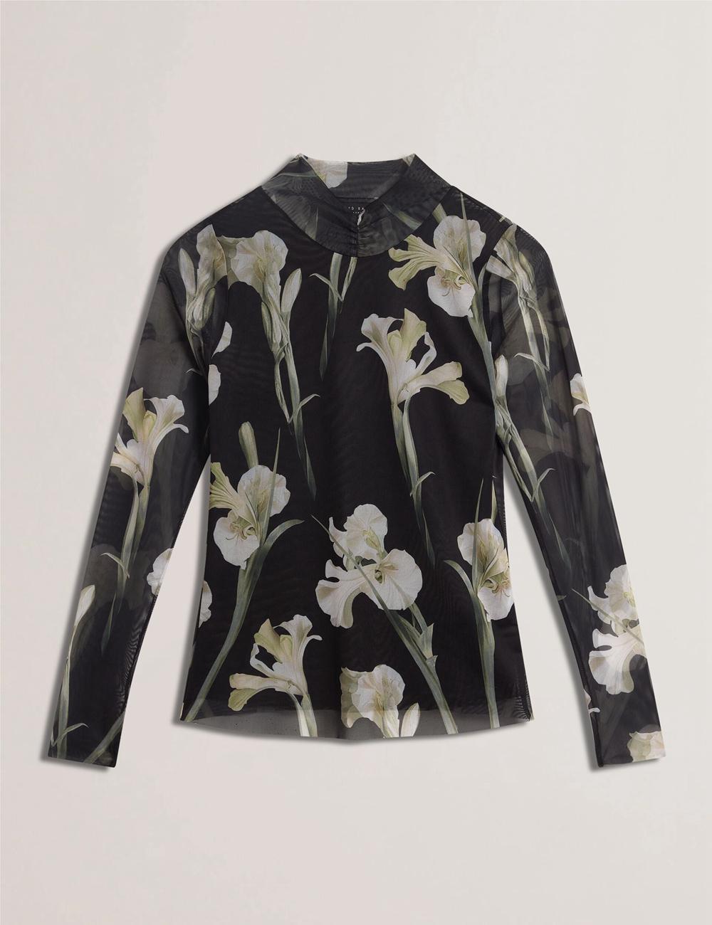 Ted Baker FIAAHH - Floral Print High Neck Sheer Mesh Oberteile Damen Schwarz | ZGADT-6158