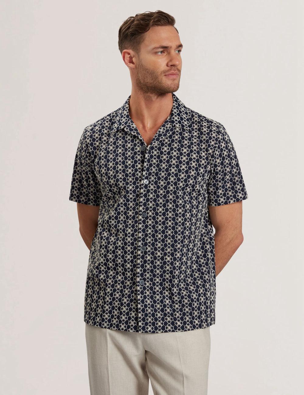 Ted Baker FINLAYS - Short Sleeve Relaxed Embroidered Hemd Herren Navy | SFMTU-5768