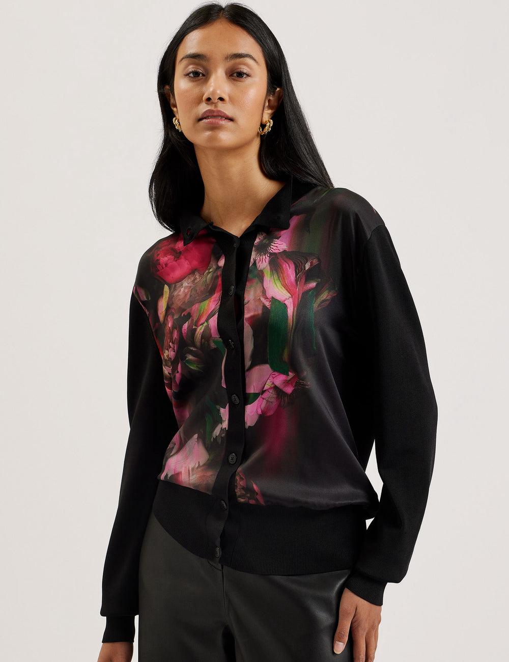 Ted Baker GEMHAA - Printed Panel Long Sleeve Strickjacke Damen Schwarz | FLSMY-2630
