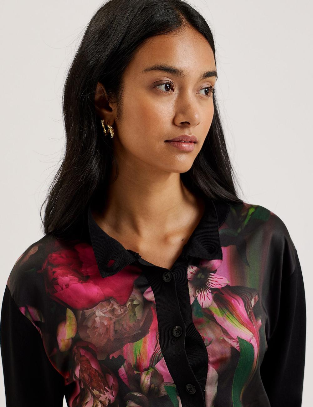 Ted Baker GEMHAA - Printed Panel Long Sleeve Strickjacke Damen Schwarz | FLSMY-2630