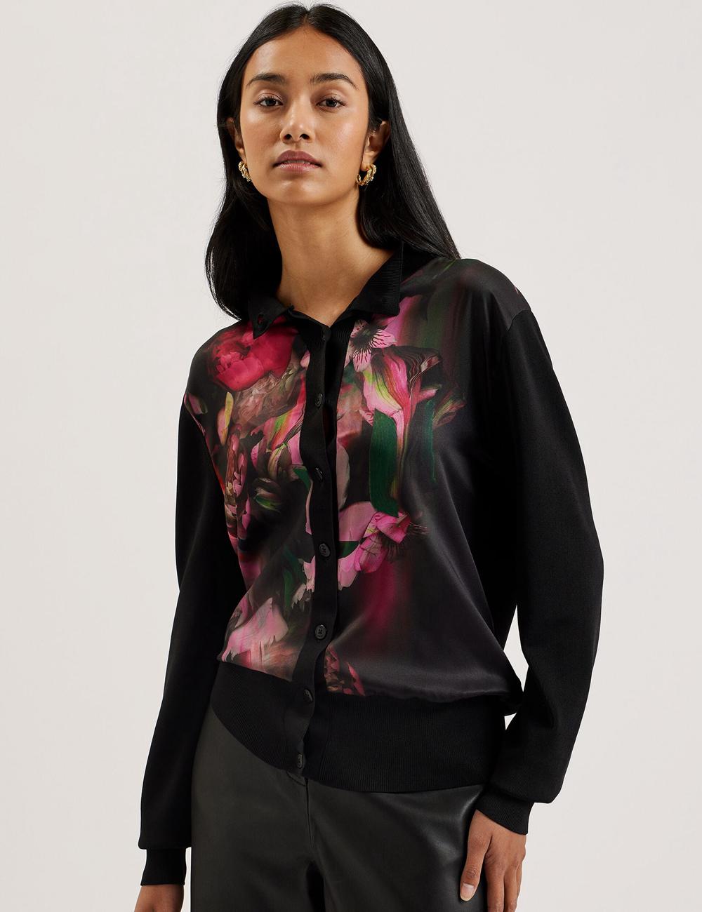 Ted Baker GEMHAA - Printed Panel Long Sleeve Strickjacke Damen Schwarz | FLSMY-2630