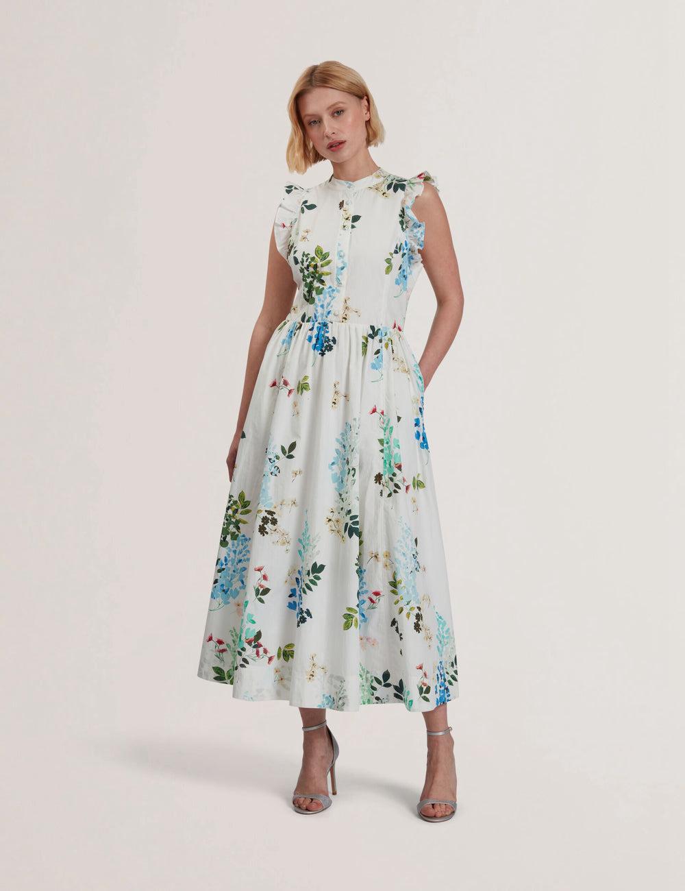 Ted Baker GIOLIA - Sleeveless Floral Cotton A-Line Midi-kleid Damen Weiß | VIXSF-4957