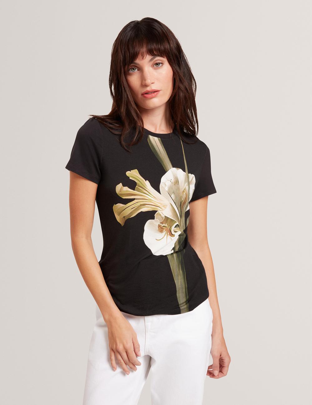 Ted Baker GORGAA - Floral Graphic Fitted Short Sleeve T-shirts Damen Schwarz | DJFSM-6140