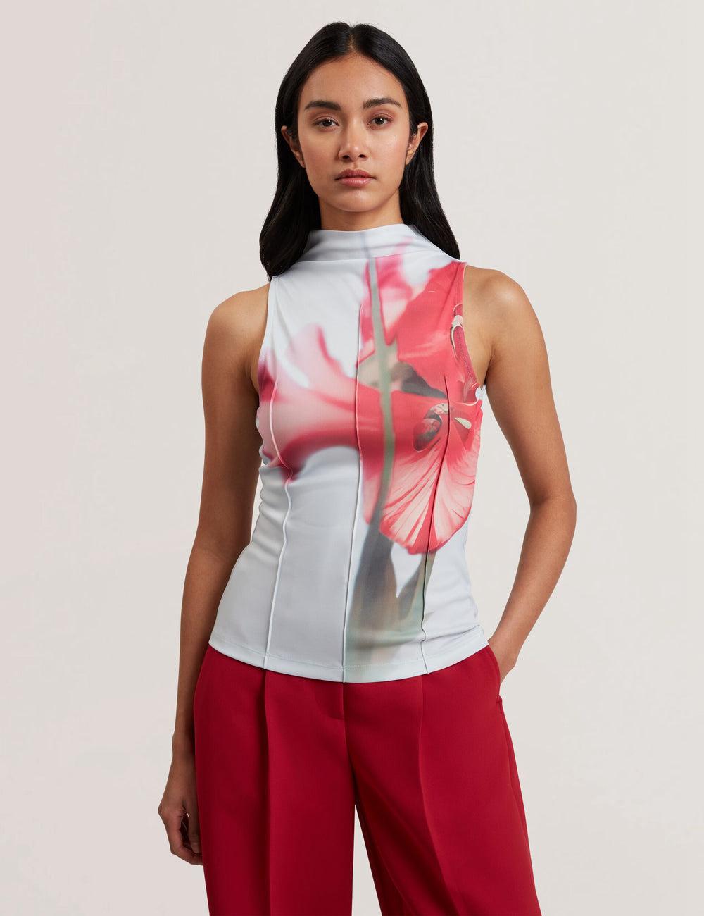 Ted Baker HARPLNN - Floral High Neck Jersey Oberteile Damen Blau | RPEDM-2740