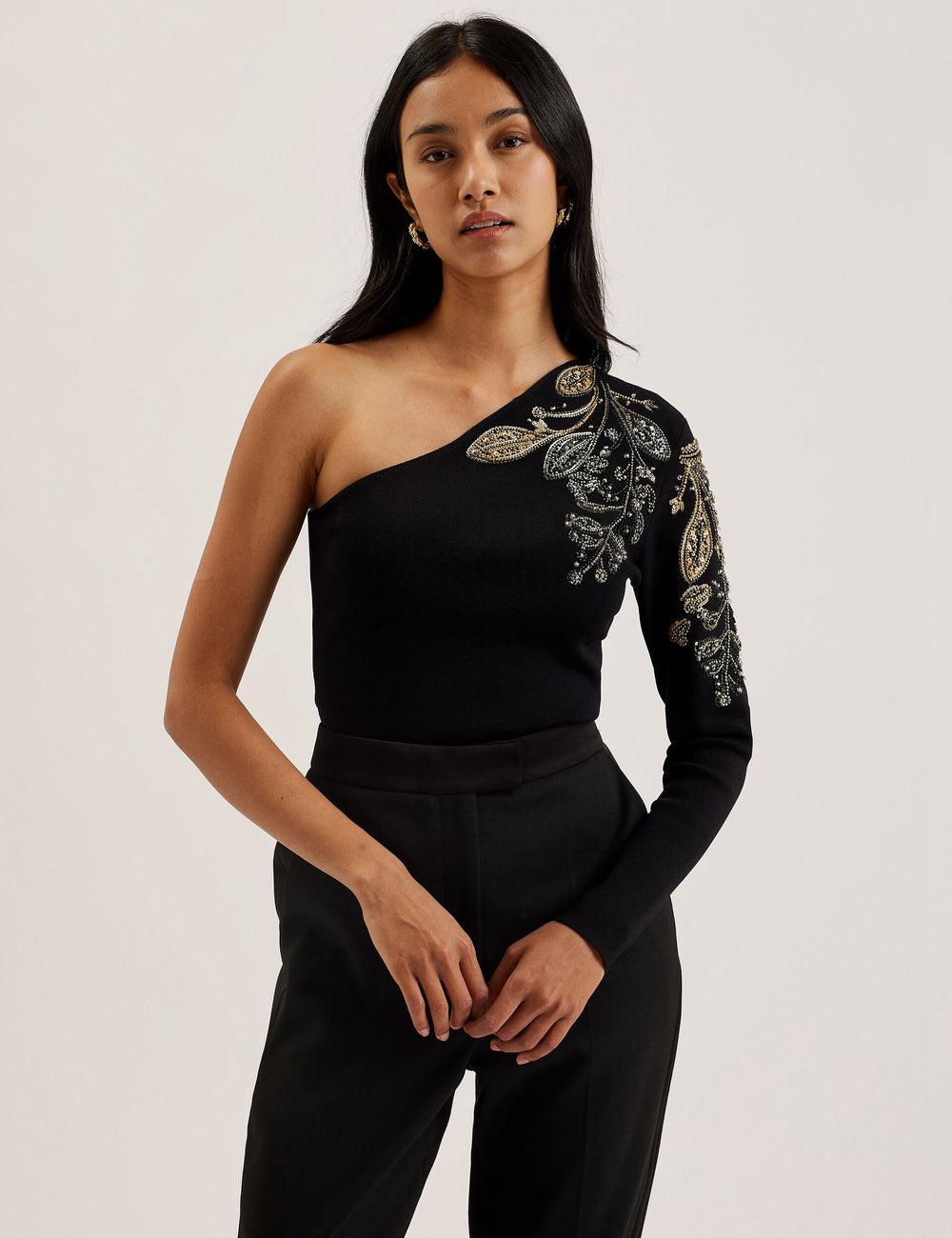 Ted Baker HEATHRR - One Shoulder Embellished Detail Oberteile Damen Schwarz | NQDUI-3608